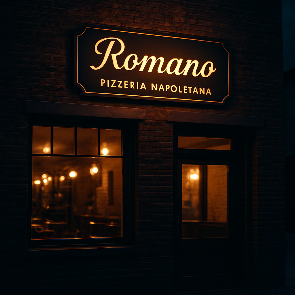 Romano pizzeria with a single sign